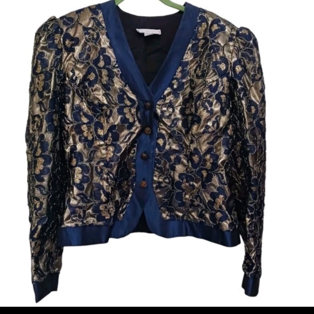 Jessica McClintock Top Med Metallic Elegant Lace size 14 Blue Gold V Neck
